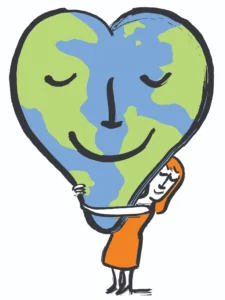 A woman with orange hair and an orange dress hugs a heart-shaped world. They are both smiling peacefully.