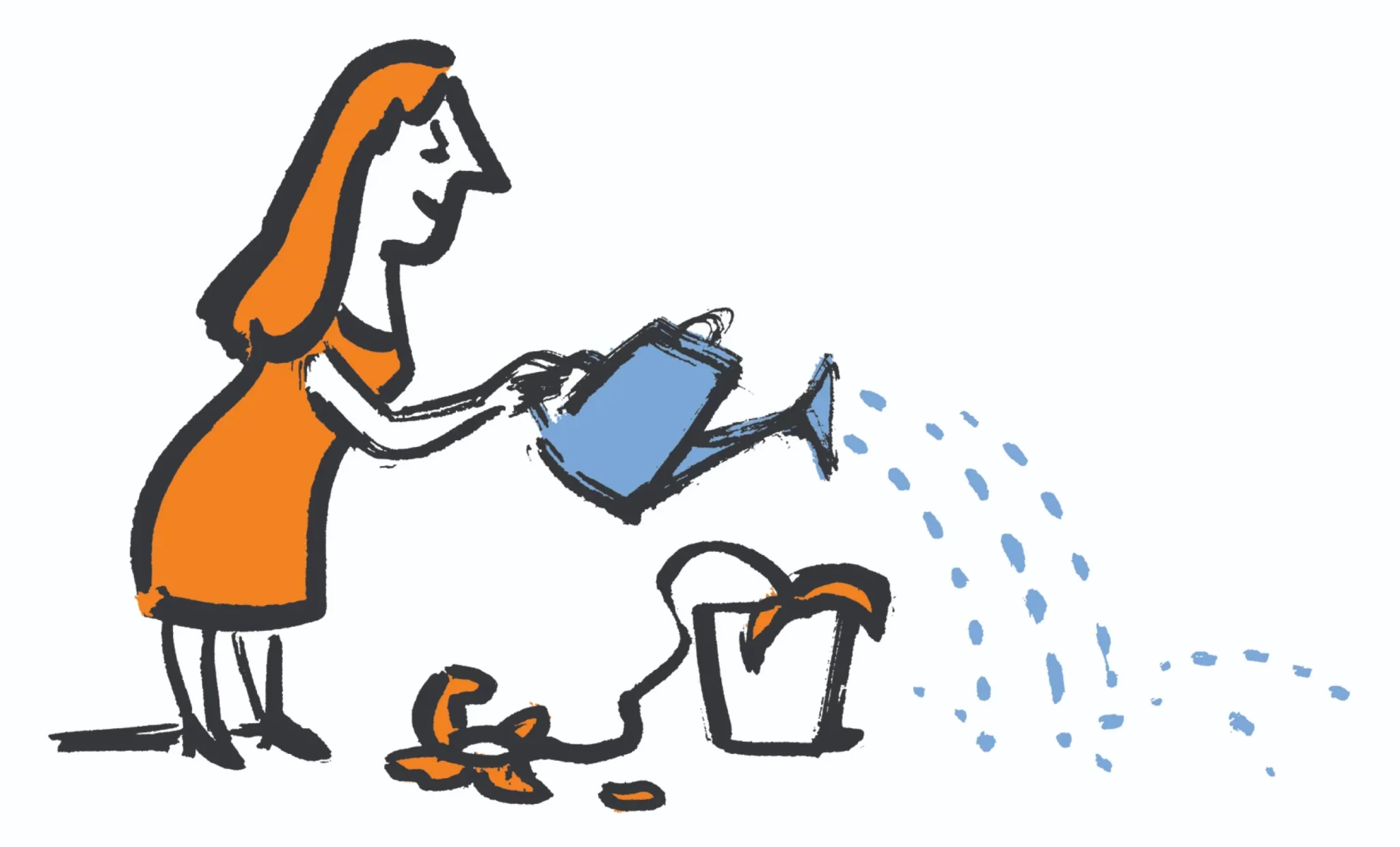 A woman closing her eyes is trying to water a wilted flower in a pot, but her watering can arches over the flower and spills water on the ground.