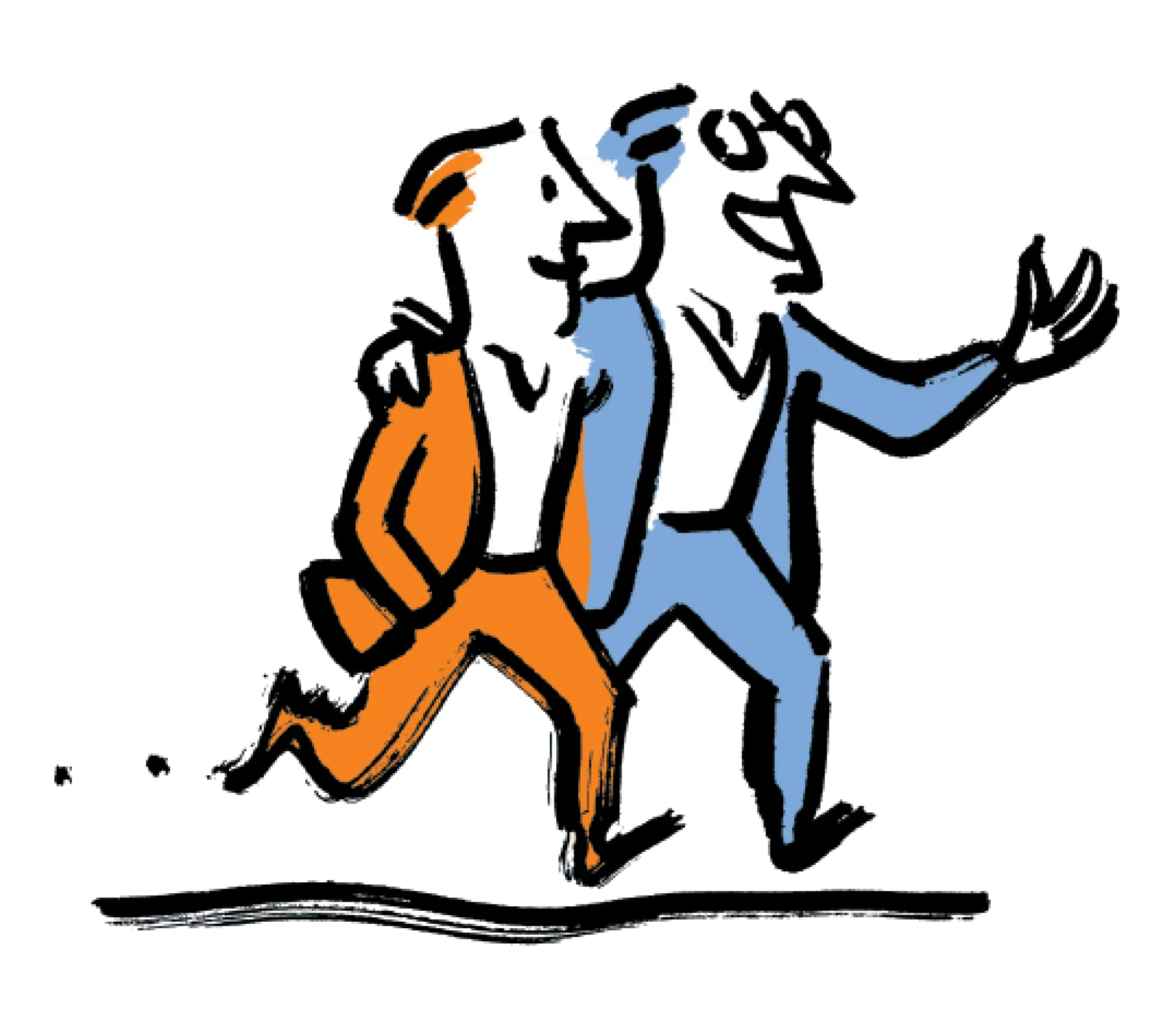 Two men walk side by side, one is wearing an orange suit and the other is wearing a blue suit. The built suited man has his arm around his companion, and is talking to him spiritedly.