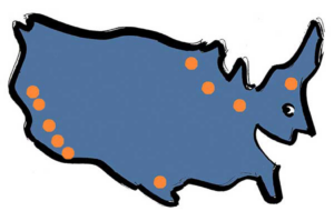 Aspiriant office locations coast to coast highlighted on an illustration of the United States